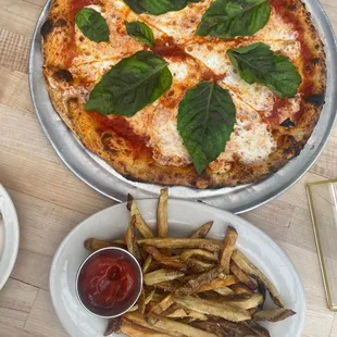 Wood-Fired Margherita Pizza and Side of Fries