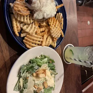 Caesar salad, flat iron steak and spicy mezcal margarita