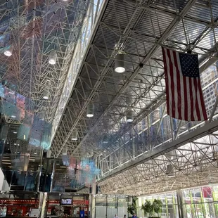 an american flag hanging from the ceiling