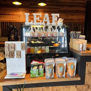 a display of teabags and other items