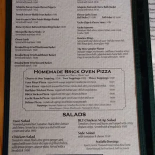 Appetizers, pizza and salads