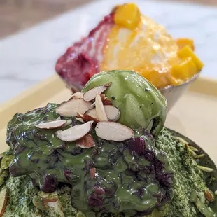 Matcha green tea and beans with almond bingsu