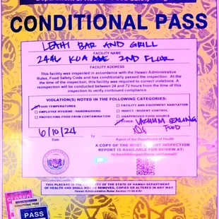 Department of Health placard as of 6/10/2024