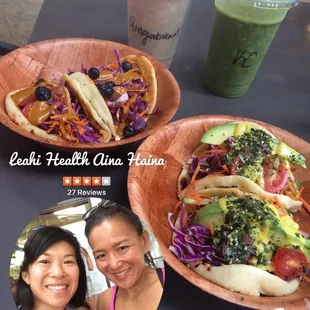 Lunch! Cathy&apos;s: Rainbow Tacos + Gingerbread smoothie  Mine: mock tuna tacos + King Cute smoothie
