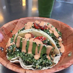 the kale avocado tacos (with the king green smoothie in the back)