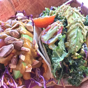 Rainbow and avocado kale tacos