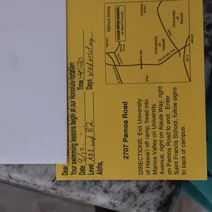 Reminder postcard. I blocked my kids&apos; names but note the level line has two levels for the two kids.