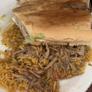 Pulled pork, yellow rice, and a Cuban sandwich