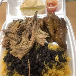Pork, beans, rice, plantains