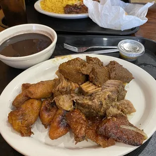 Plantains, black beans, beef and pork