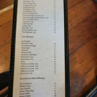 Spirits menu