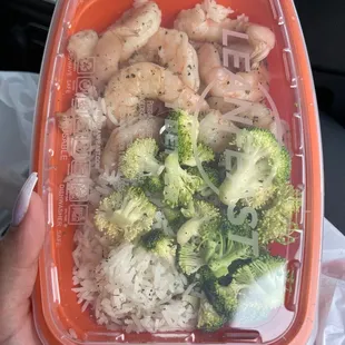 Shrimp broccoli white rice