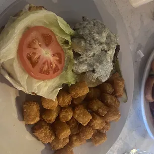 Blue cheese burger and tator tots!