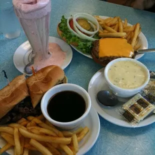 french dip, broccoli cheese soup, old fashion buger