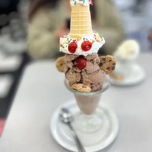 a cone of ice cream with a cherry on top