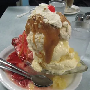 Rich's Banana split with butter toffee, strawberry, and vanilla ice cream covered with caramel sauce. yum yum