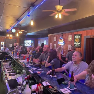 a group of people sitting at a bar