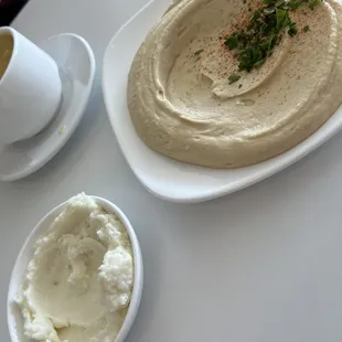 Complimentary garlic sauce. Small hommous appetizer