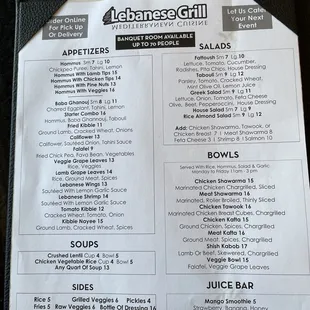 the menu of the restaurant