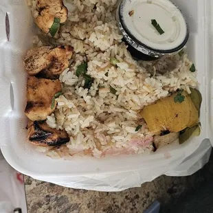 Lunch chicken kabob.  Where's the chicken. DISAPPOINTING.  When I called back was hung up on.  Lady at front RUDE! 1ST &amp; LAST visit!