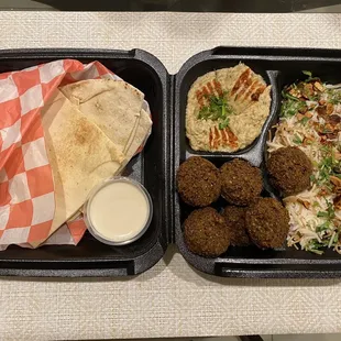 Falafel platter with rice, baba ganoush, and pita