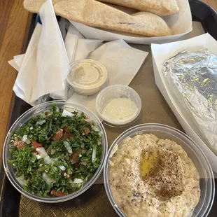 Tabouleh &amp; Baba Ghanoush, bread and sauce