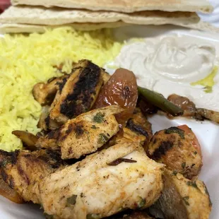 Chicken Kabob Dinner with rice and hummus