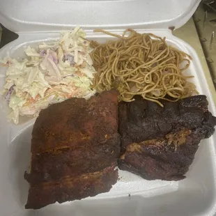 Rib platter with coleslaw and garlic noodles