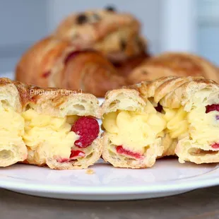 Inside of Paris Brest - with vanilla bean pastry cream and raspberries inside