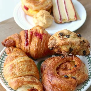 Raspberry Croissant, Cheese Croissant, Pain aux Raisins, Blueberry Yuzu Scone, Paris Brest, Cream Puff, Raspberry Cake ($27.25 total)