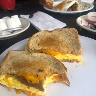 Breakfast sandwich---choice of meat, bread, cheese, &amp; hot eggs are cooked.  Rye bread, cheddar cheese, scrambled eggs, AND GOETTA!