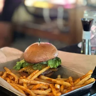 a burger and fries