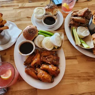 Gold Rus chicken wings  Parm chicken wings  Garlic fries and honey chicken slider