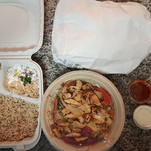 Pick 5 platter and chicken schwarma bowl.