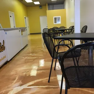tables and chairs in a cafeteria