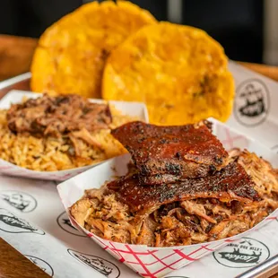 Lechón with crispy skin, lechon rice and fried tostones