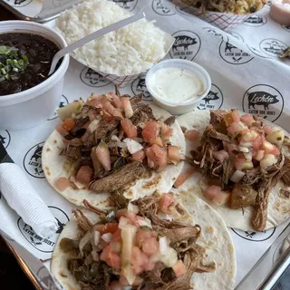 Three Pulled Chicken Tacos with Rice & Black Beans