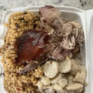 Rice with pigeon peas, wood roasted pork and green bananas in pickled sauce  (escabeche).