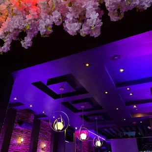 a restaurant decorated with flowers