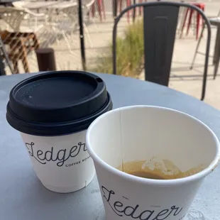 Featured espresso that I drank on the spot (midway through drinking here) and a small light roast drip to go