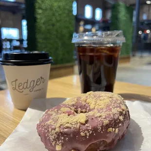 Blueberry pie vegan donut is delish! Cold brew and a traditional cappuccino
