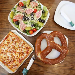 a pretzel, a salad, and a pretzel