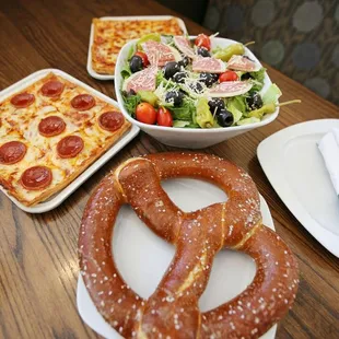 Pretzel, Pepperoni Pizza and italian salad