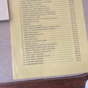 the price list for the restaurant