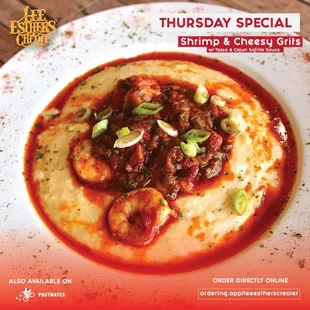 Cheesy Grits &amp; Shrimp now served only on Tuesdays.
