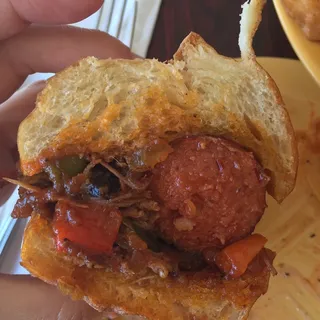 Fried Hot Link & Shrimp Sandwich