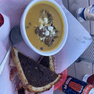 Special grilled cheese with butternut squash soup topped with fried brussels! Yummy!