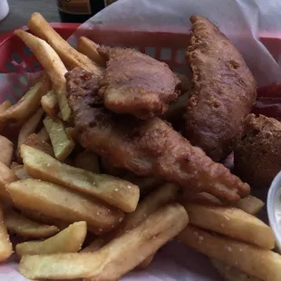 Fish and chips (they give you 4 filets I just was really hungry and already ate one haha)