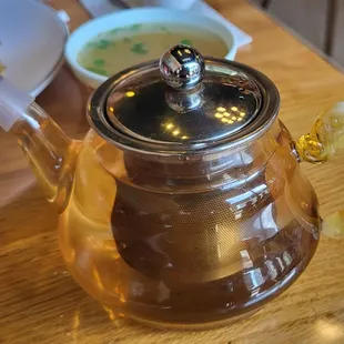 Getting some hot tea with our meal.