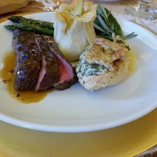 A duet plate served at my wedding for 200 people. Flat Iron Steak &amp; Sicilian Chicken.